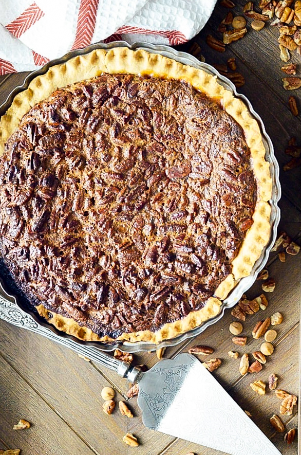 A golden, gooey pecan pie with sweet butterscotch chips — the ultimate cozy fall dessert.