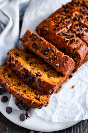 Bake this tender, flavorful pumpkin bread with chocolate chips—simple ingredients, incredible fall flavor!