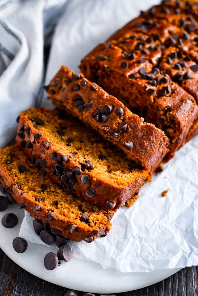 Bake this tender, flavorful pumpkin bread with chocolate chips—simple ingredients, incredible fall flavor!