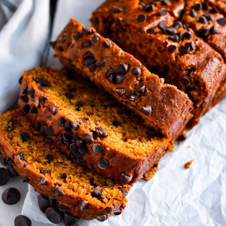 Bake this tender, flavorful pumpkin bread with chocolate chips—simple ingredients, incredible fall flavor!