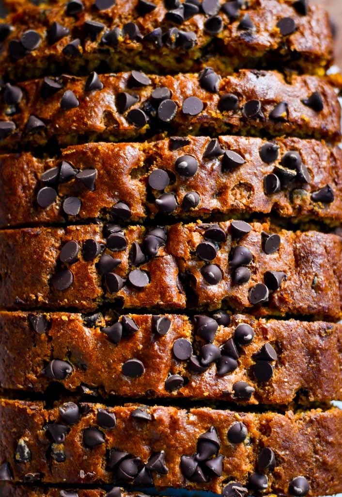 This pumpkin bread is perfectly spiced, rich with pumpkin, and packed with chocolate chips. A family favorite for fall!