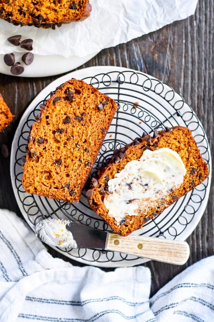 Soft, sweet, and spiced pumpkin bread studded with chocolate chips. This recipe is a fall classic you’ll bake again and again.