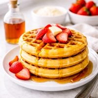 These high protein waffles are made in the blender with oats, eggs, and cottage cheese.