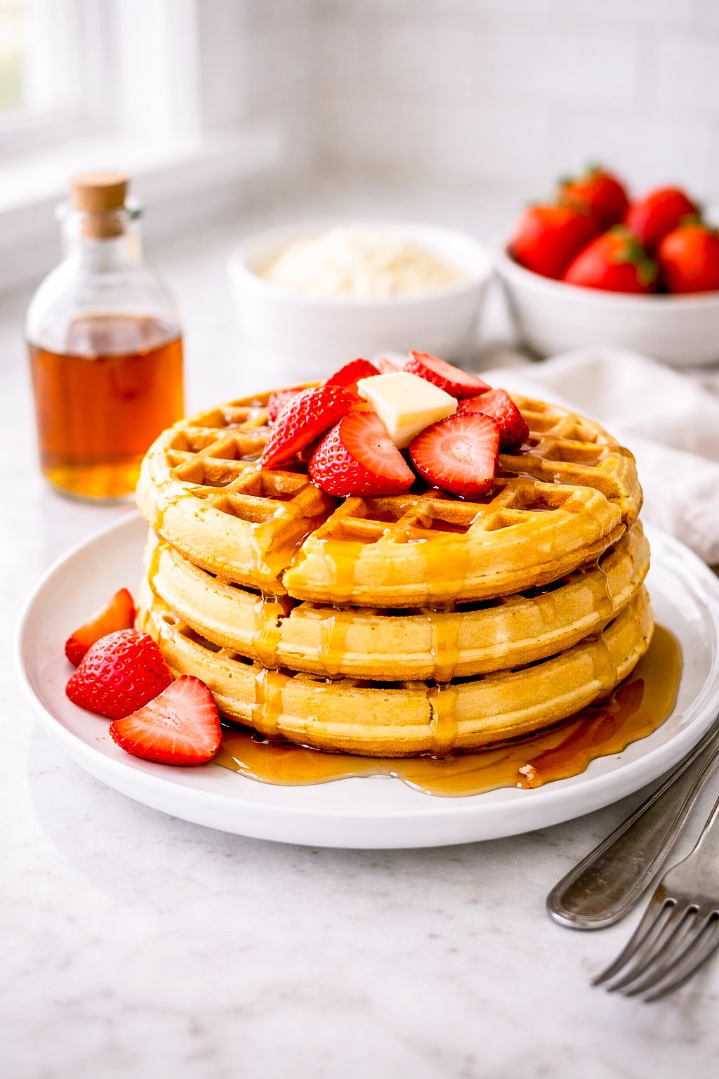 These high protein waffles are made in the blender with oats, eggs, and cottage cheese.