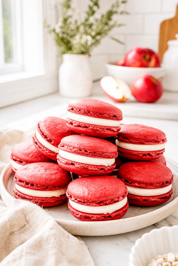These Apple Spice Italian Macarons are filled with dreamy apple cinnamon Swiss meringue buttercream for the perfect fall dessert.