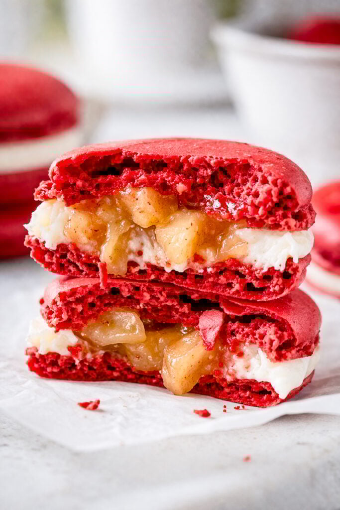 Make bakery-style apple spice macarons at home with this step-by-step recipe. These elegant fall macarons are filled with homemade apple cinnamon Swiss meringue buttercream and are so worth it.