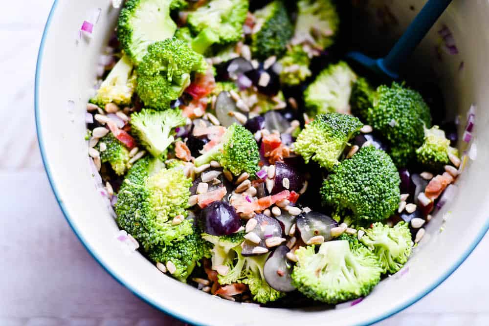 This Broccoli salad is a great side dish. It comes together quickly, without much fuss. And it's delicious enough that even your pickiest eaters will love it!