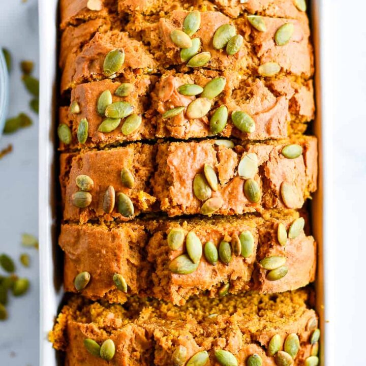 This Better than Starbucks Pumpkin Bread a healthier copycat version of the Starbucks iconic pumpkin loaf-- lower in calories and fat, and including nutritious ingredients like bananas, yogurt, and pumpkin seeds.
